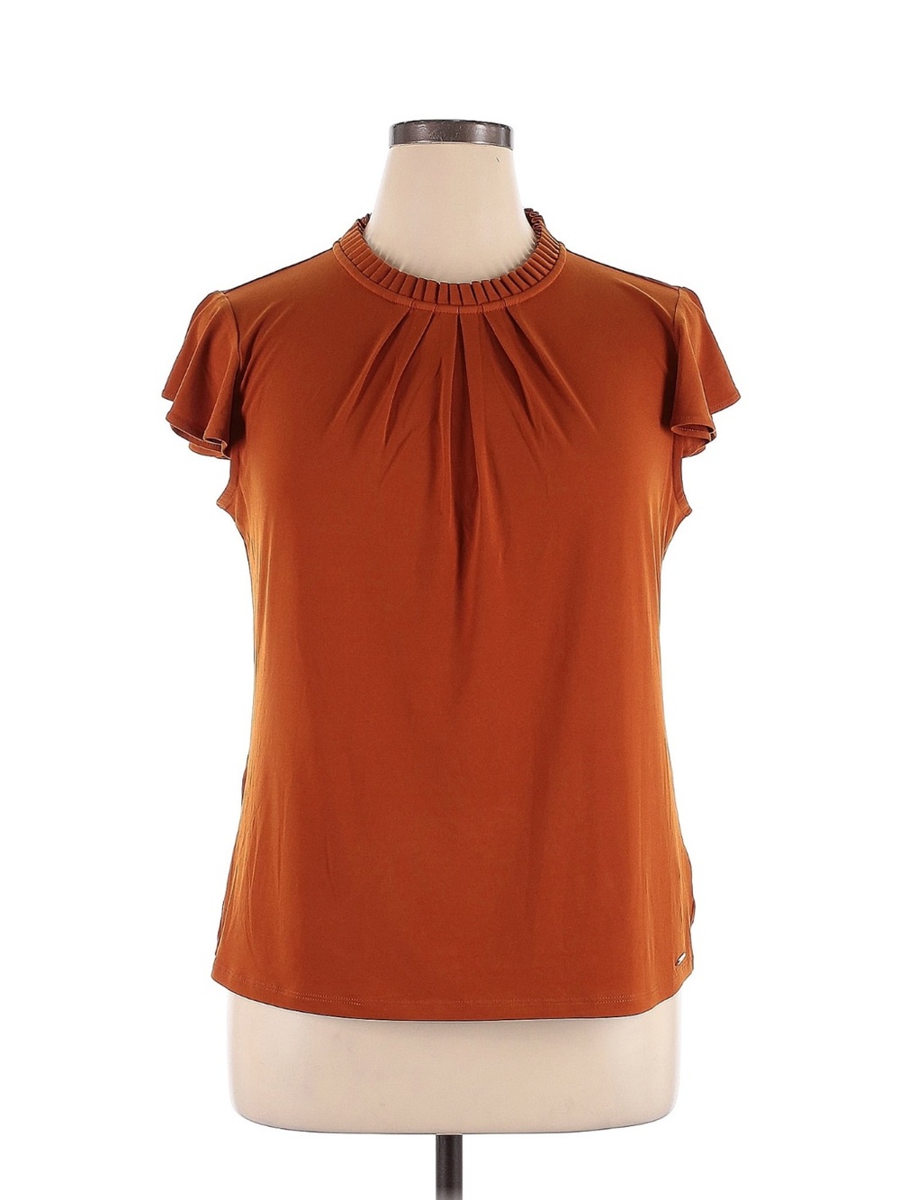 Calvin Klein Rust Flutter Sleeve Pleated Neck Blouse